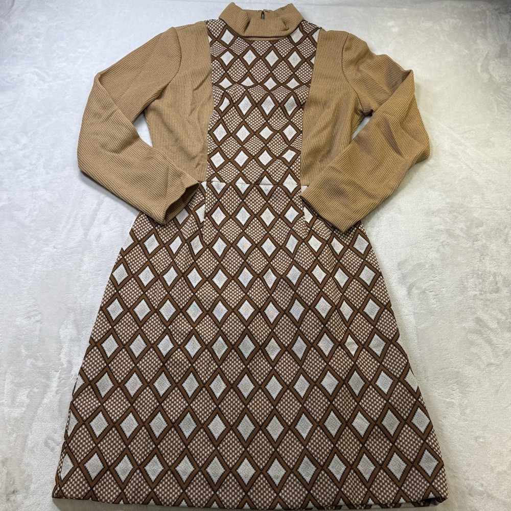 Vintage 70s‎ Mod Geometric Midi Dress Tan Brown Turtleneck Retro Boho
